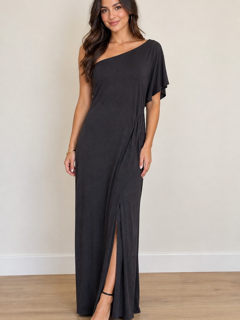 Asymmetrical One-Shoulder Black Maxi Dress
